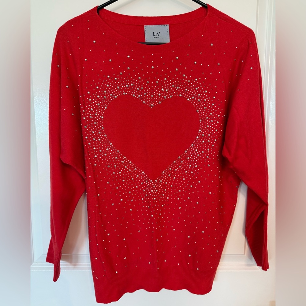NWOT LIV Milano Red Heart Embellished Sweater
